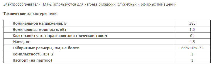 Электрообогреватели ПЭТ-2 используются для нагрева складских, служебных и офисных помещений. Электрообогреватели ПЭТ-2 используются для нагрева складских, служебных и офисных помещений.